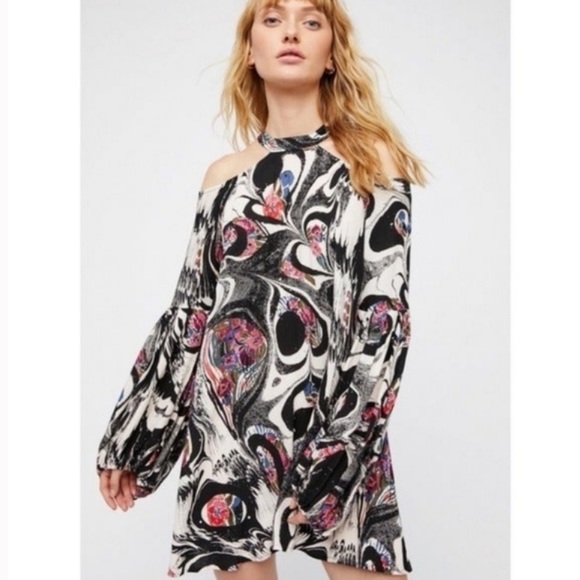 Free People Drift Away Cold Shoulder Artsy Mini-Dress Tunic W-298 Size Small - Picture 3 of 11